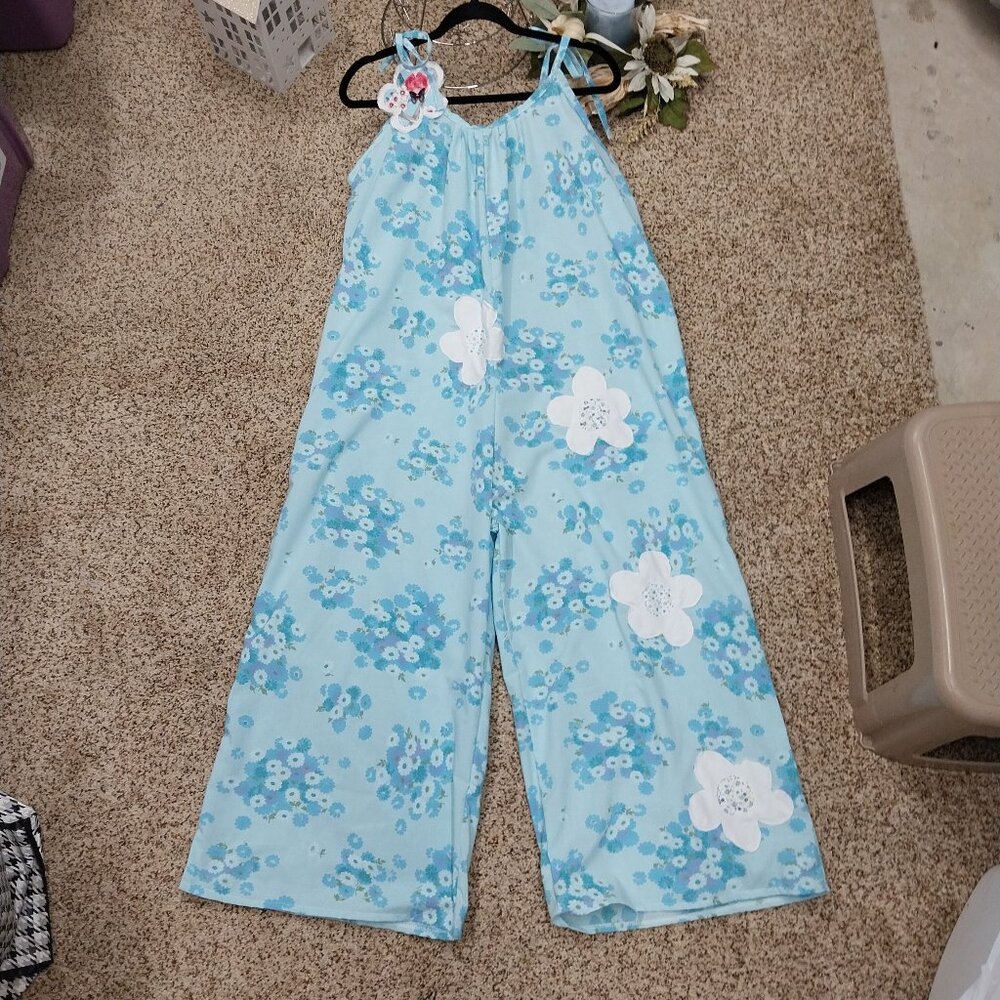 3528 Size XL Handmacde Jumpsuit In Blue and Purple with Appliqued Flowers.